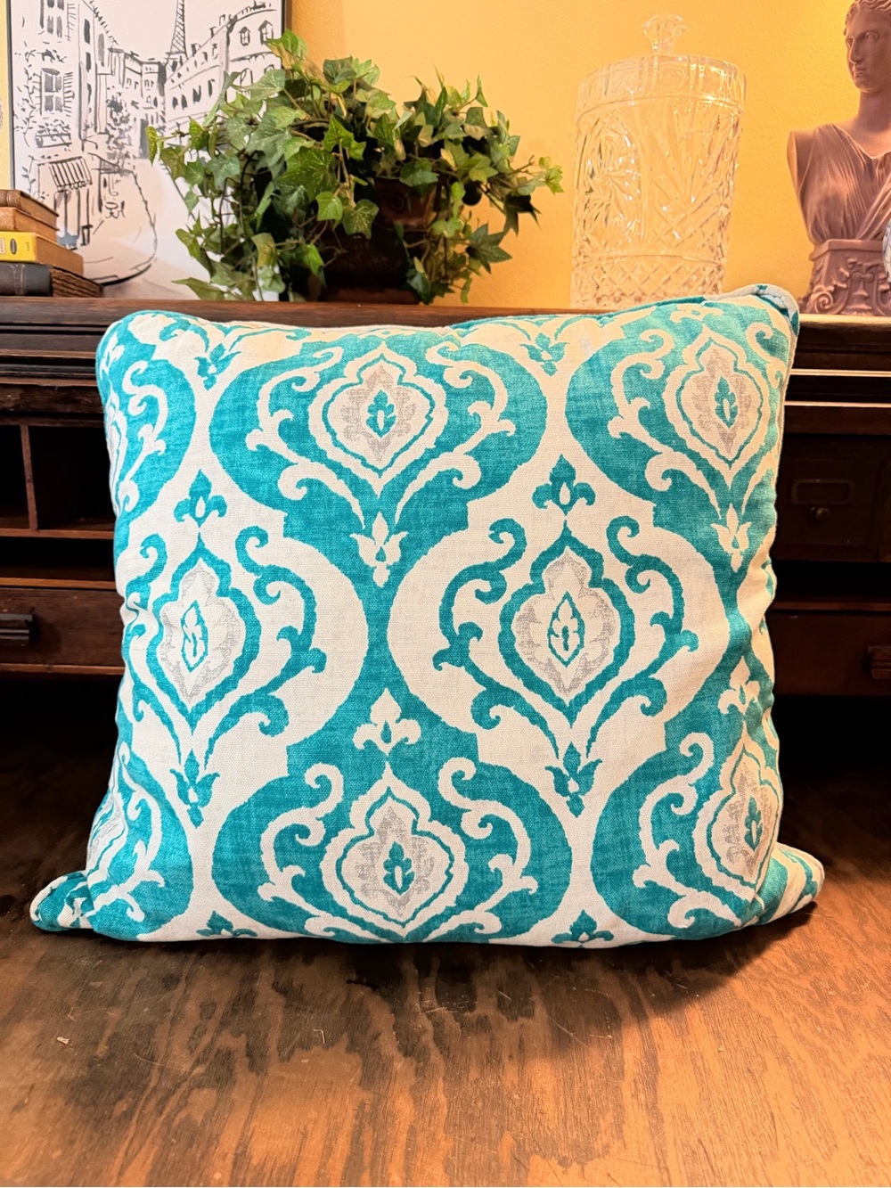 Aqua Turquoise Ivory Gray 22x22 Damask Thro Pillow Removable Cover boho eclectic